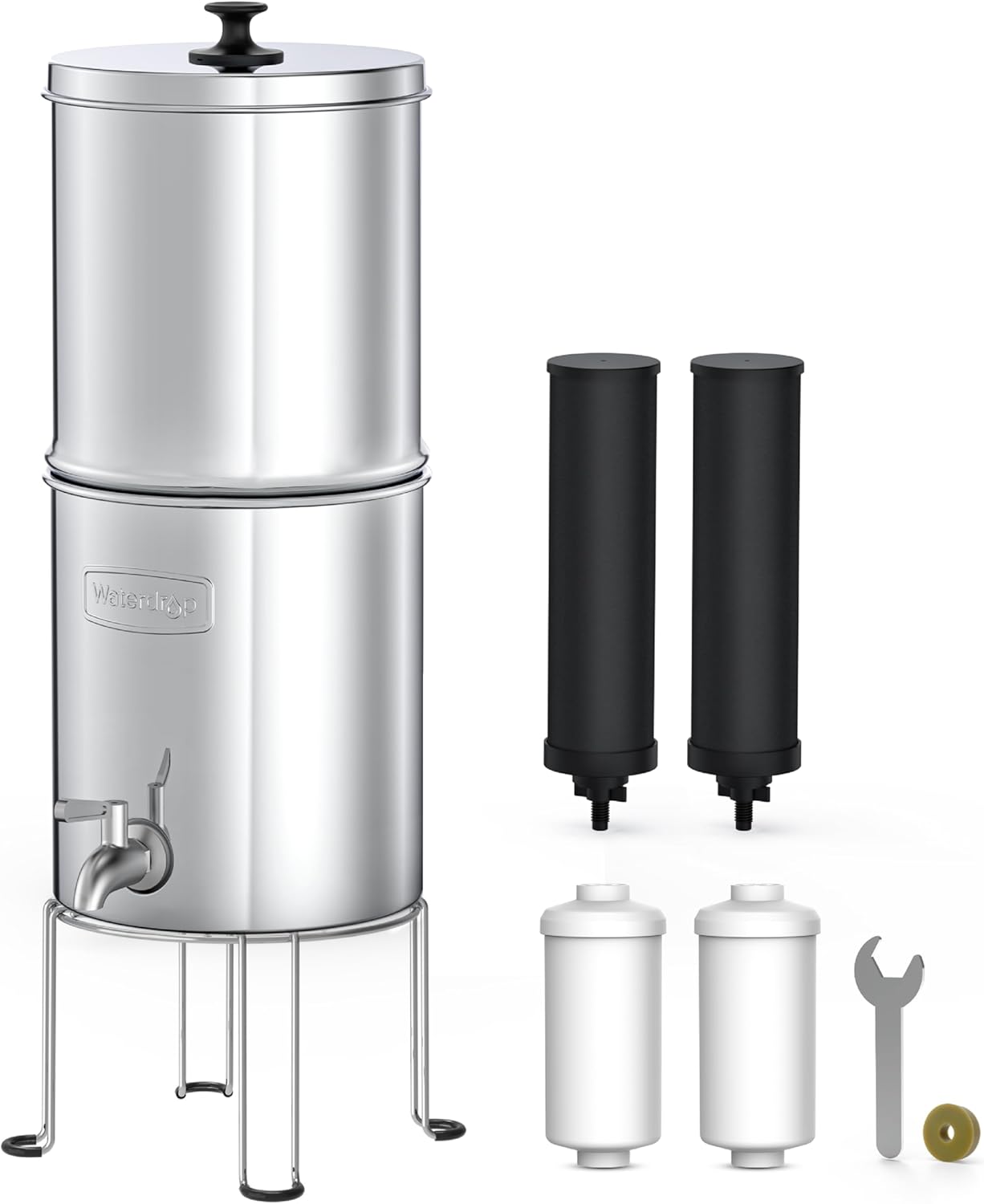 Waterdrop 1.5 Gallons Gravity-fed Water Filter System, NSF/ANSI 42&372 Standard, Stainless-Steel Travel System with 4 Filters, Metal Spigot and Stand, Reduces Up to 99% Chlorine-King Tank Series